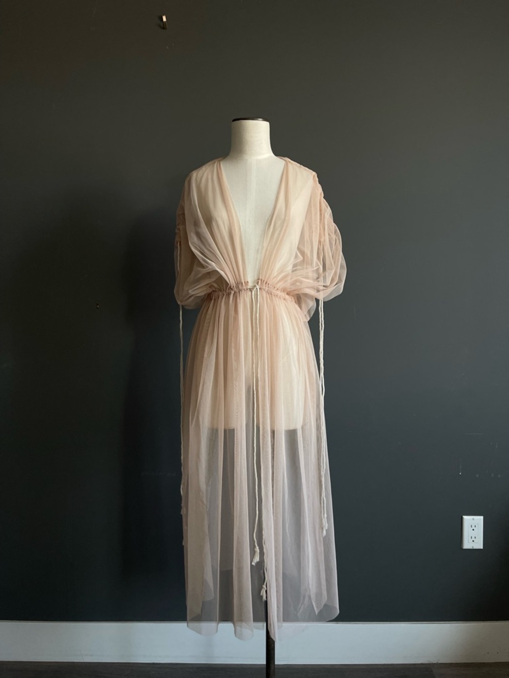 Yasmine Layani Sheer Blush Tulle Duster Dress Ethereal Boho Tie Waist Ethereal